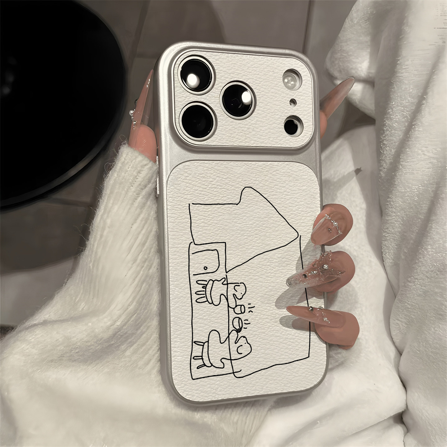 韩国博主ins同款饮咖小狗适用iPhone17苹果14手机壳16ProMax高级皮纹15镜面14极简补妆镜13大视窗12女X简笔11