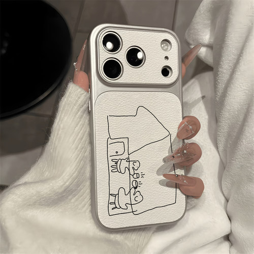 韩国博主ins同款饮咖小狗适用iPhone17苹果14手机壳16ProMax高级皮纹15镜面14极简补妆镜13大视窗12女X简笔11