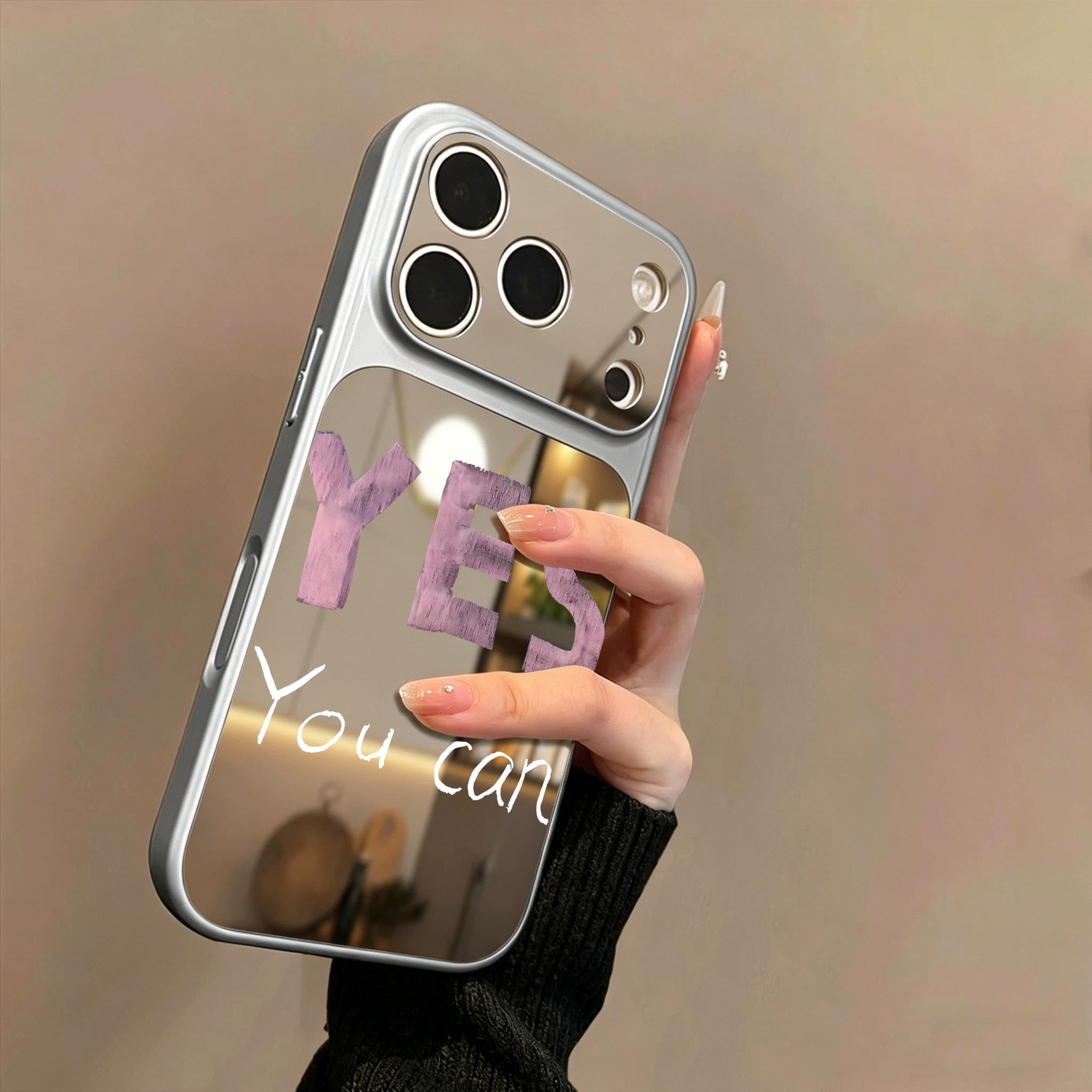ins风励志英文适用iPhone17苹果14手机壳16ProMax大视窗高级15镜面14网红补妆镜13电镀银12少女款X全包11情侣