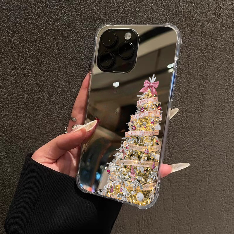 粉圣诞树适用iPhone17苹果15手机壳16ProMax荣耀100华为Mate60高级感13镜面X100个性P70创意90补妆oppo铃vivo