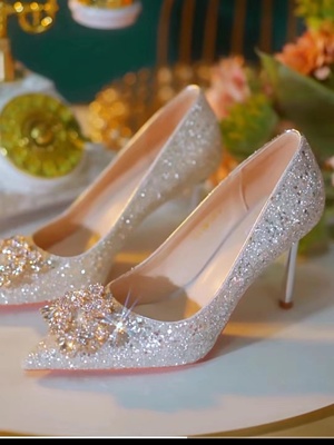 单鞋光板亮片细跟高跟单鞋