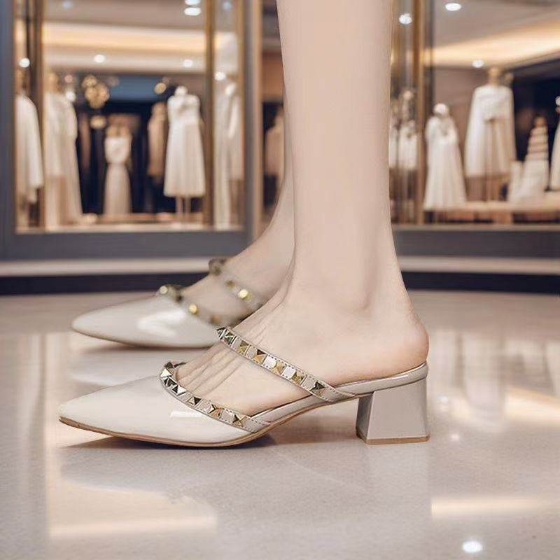 包头后空凉鞋女2025年夏季新款铆钉高级感小众法式尖头粗跟高跟鞋,女鞋,时装凉鞋,淘宝优惠券,粉丝福利购,淘宝优惠卷