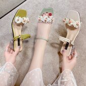 仙女风花朵一字两穿粗跟中跟凉拖鞋 夏季 女2020新款 百搭露趾高跟鞋