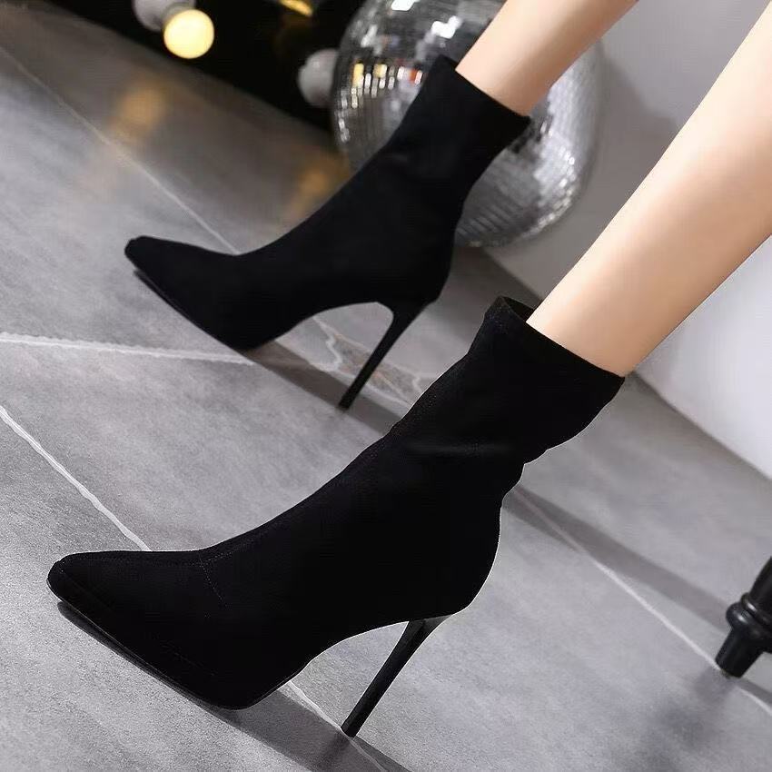 2025秋季新款高跟长筒靴过膝长靴女瘦瘦靴粗跟绒面高筒弹力靴尖头
