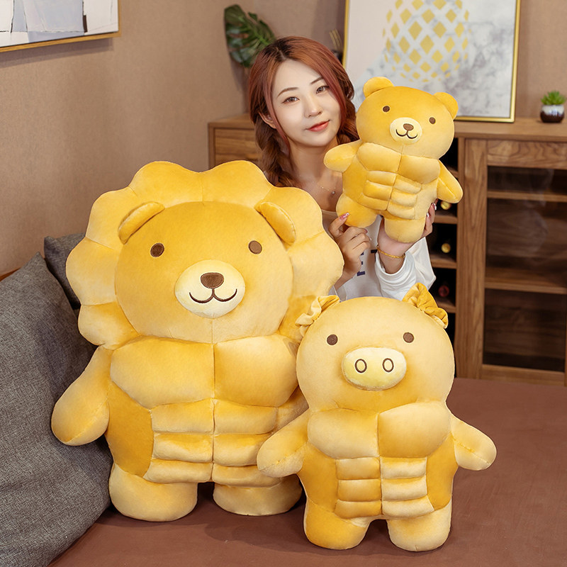 可爱肌肉熊饼干抱枕创意肌肉猪公仔大腹肌男朋友靠枕儿童节礼物