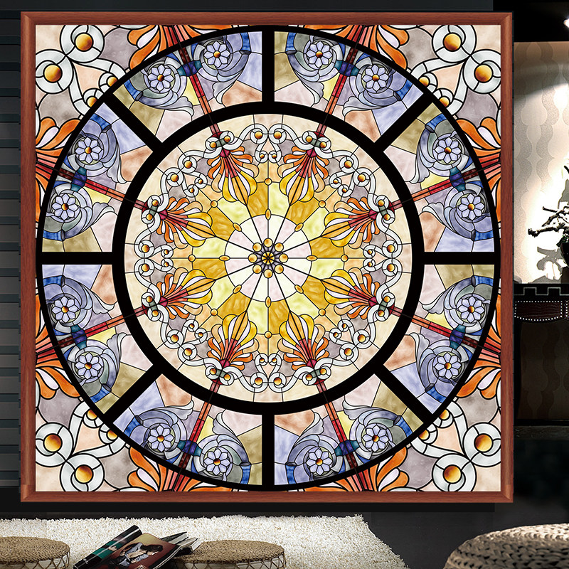 欧式彩色复古教堂玻璃贴膜透光不透明移门贴橱柜家具窗花贴纸