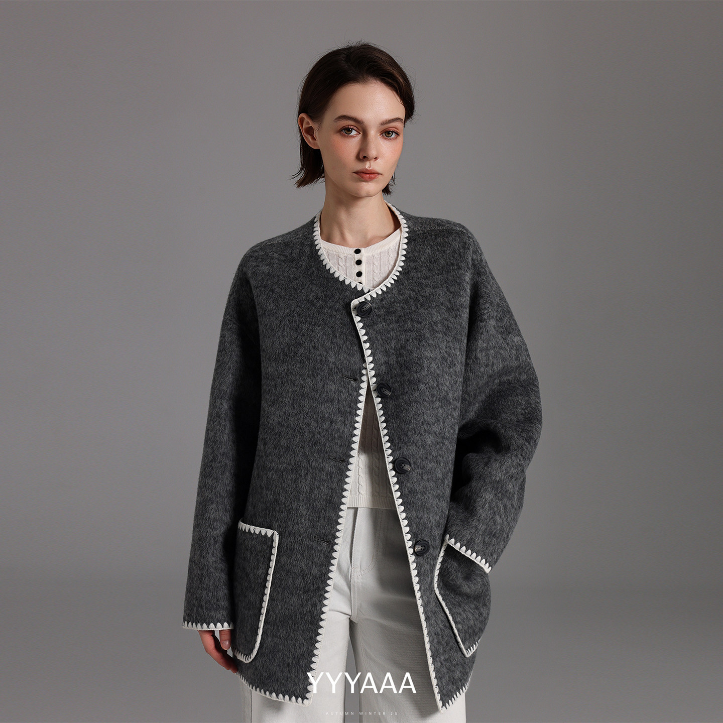 YYYAAA圆领贝壳绣绵羊毛兔毛桑蚕丝双面呢宽松大衣外套