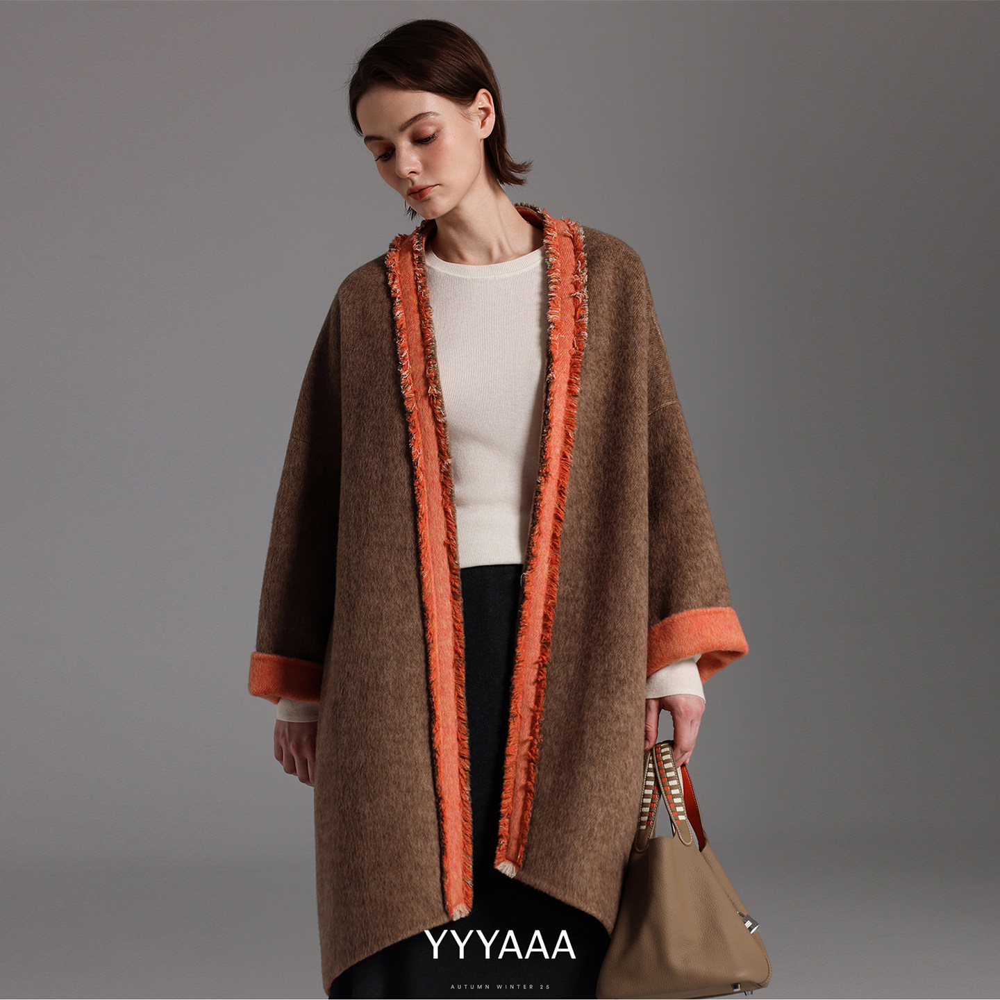 YYYAAA撞色毛须边绵羊毛兔毛桑蚕丝双面呢中式宽松大衣外套