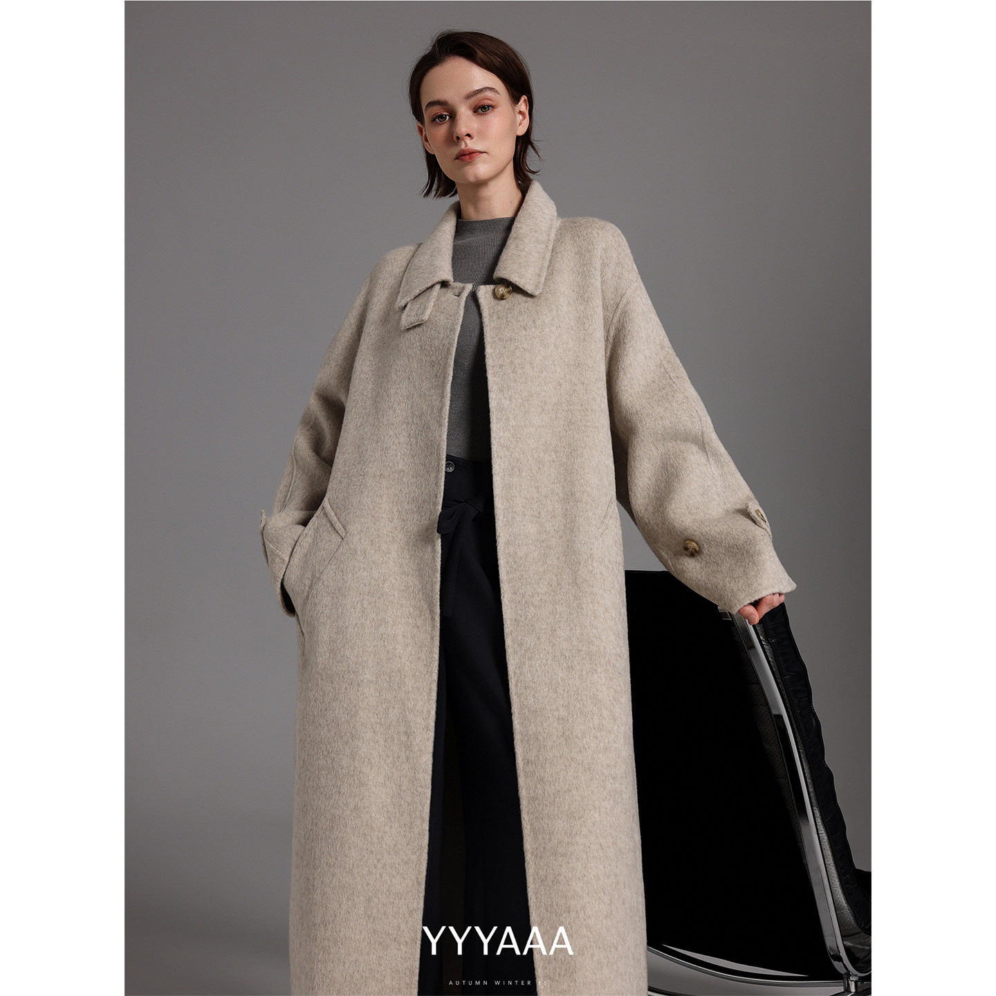 YYYAAA翻领立领两穿绵羊毛兔毛桑蚕丝双面呢宽松长款大衣外套