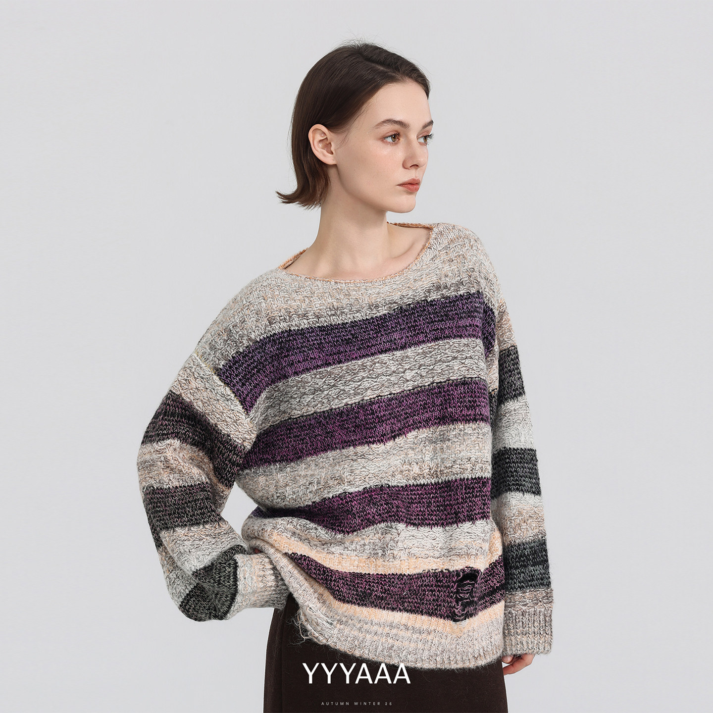 YYYAAA复古缎染条纹一字领绵羊毛针织套衫