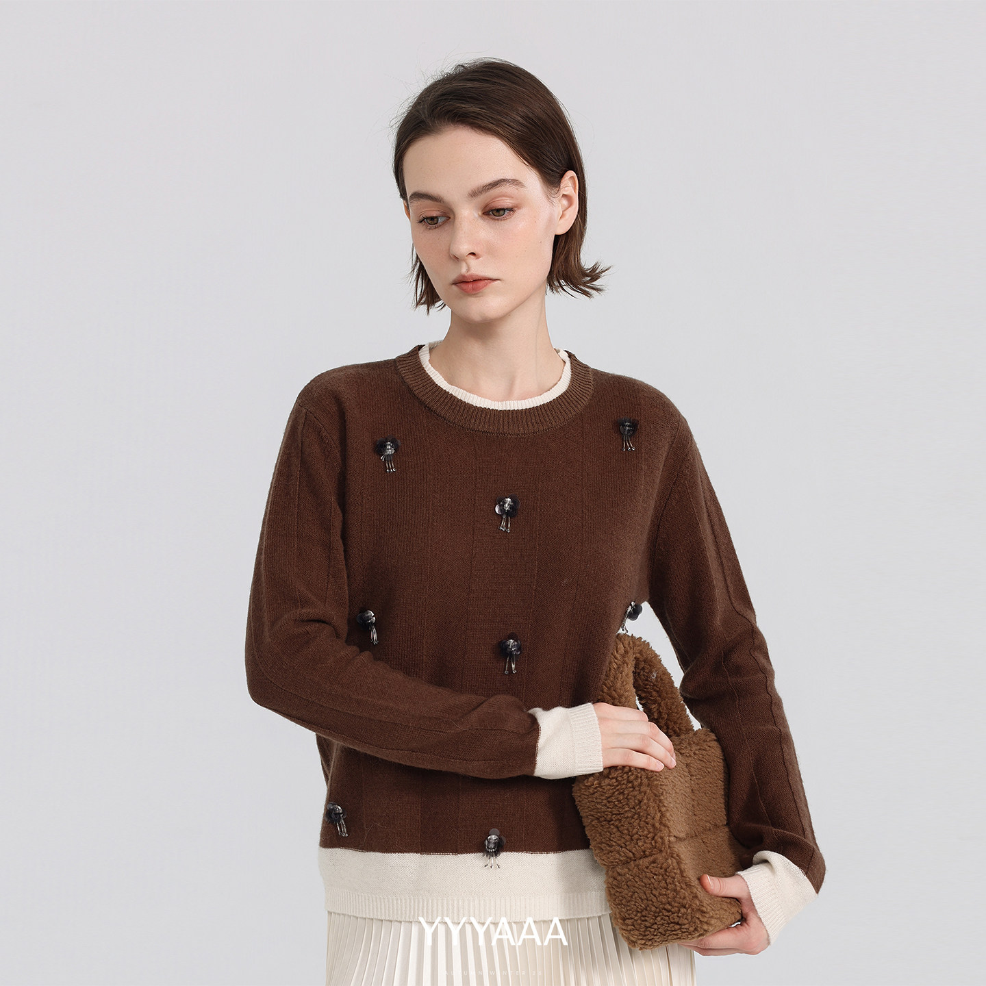 YYYAAA重工法绣百搭假两件全羊毛针织套头秋冬宽松打底衫