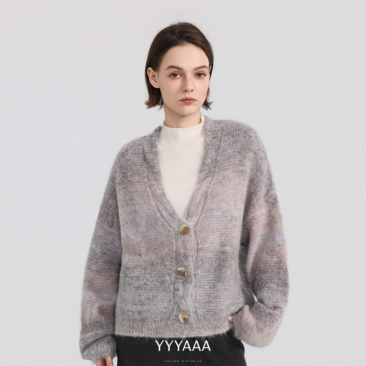 YYYAAA温柔v领缎染羊驼毛宽松针织开衫