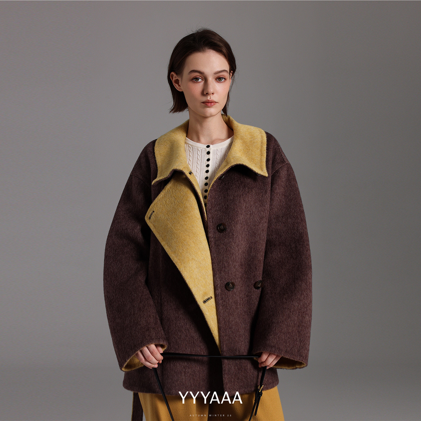 YYYAAA撞色翻领绵羊毛兔毛桑蚕丝双面呢宽松大衣外套