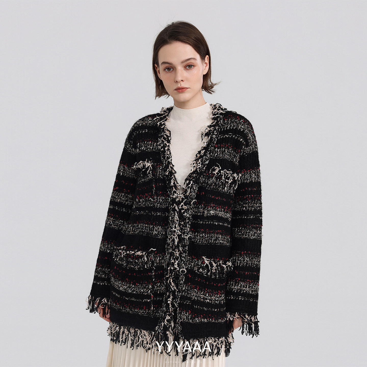 YYYAAAv领花式纱小香风流苏羊毛针织开衫秋冬毛衣外套