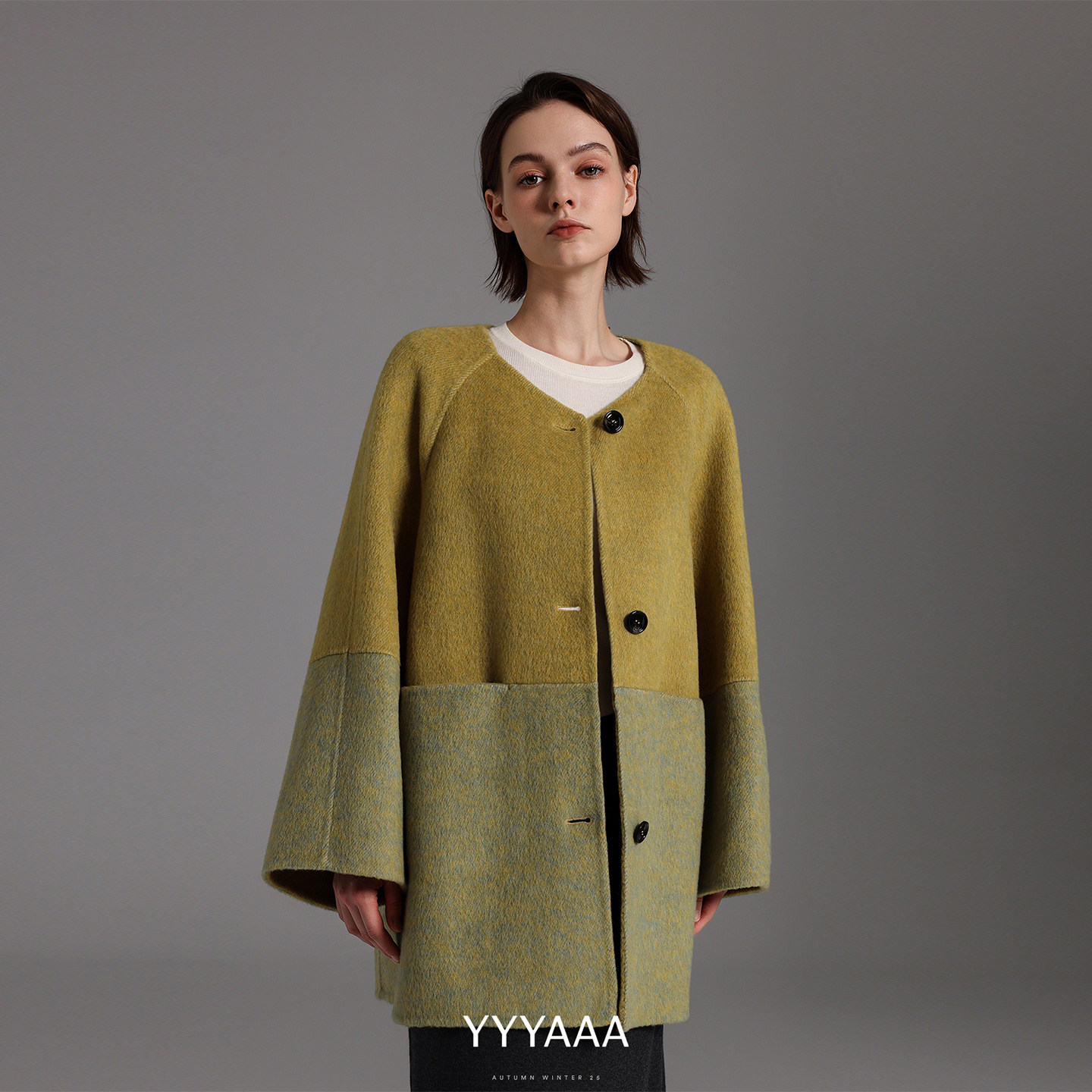 YYYAAA圆领拼接绵羊毛兔毛桑蚕丝双面呢宽松大衣外套