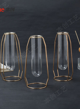 简约北欧试管玻璃花瓶摆件 创意铁架水培植物容器家居桌面装饰品