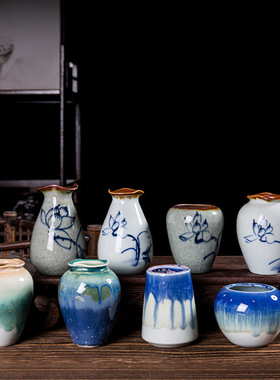 景德镇陶瓷迷你花瓶仿官窑赏瓶窑变小花插茶桌摆件家居玄关装饰品