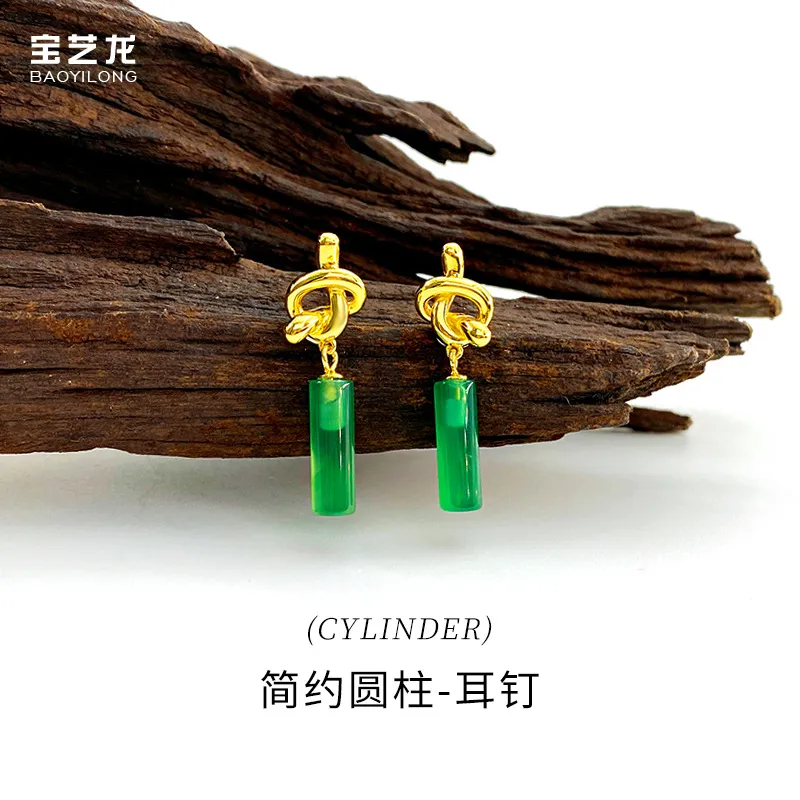 新中式简约圆柱天然玉髓耳钉女S925纯银国潮耳饰品气质高级感耳环