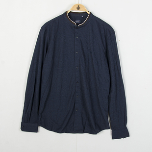 休闲薄款 外单男士 针织衬衫 复古小立领国风纯色长袖 打底衬衣 春秋款