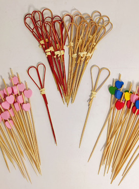 水果签竹签一次性叉汉堡签蛋糕甜品台装饰剪刀签彩色粉色红色心形