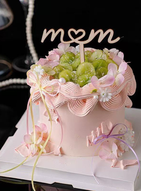 2026母亲节蛋糕装饰插件木质mom木头MOM插牌黄色紫色彩带细丝带