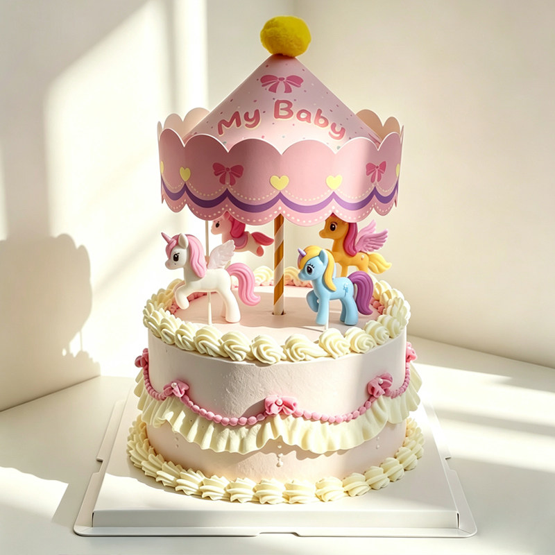 旋转木马蛋糕装饰摆件 粉色独角兽小马 女孩儿童甜品生日烘焙插件