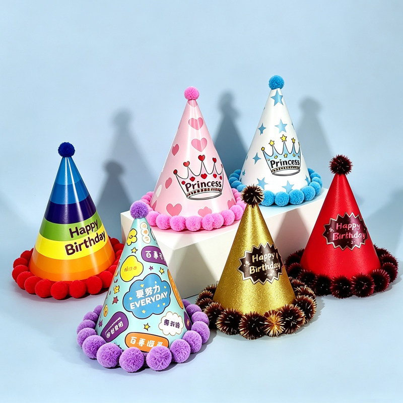 金色银色红色毛边塔尖儿童 粉色彩色生日帽 装饰毛球帽宝宝派对帽