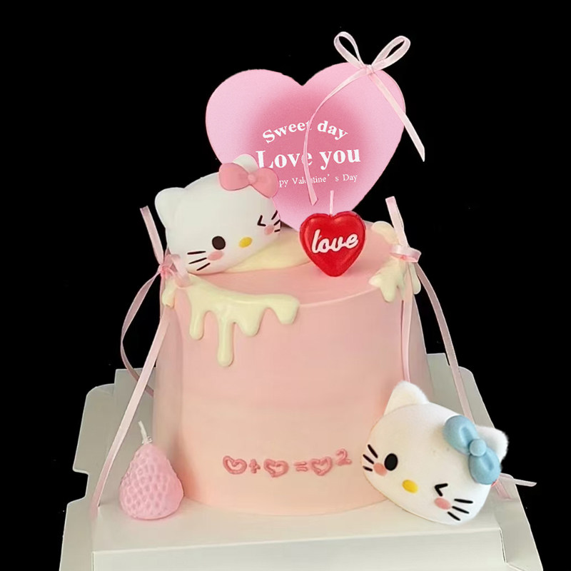 2025七夕情人节软胶蓝色KT猫蓝蝴蝶结猫头蛋糕装饰粉loveyou插件