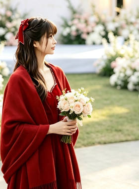 新娘红色披肩妈妈旗袍外搭围巾厚