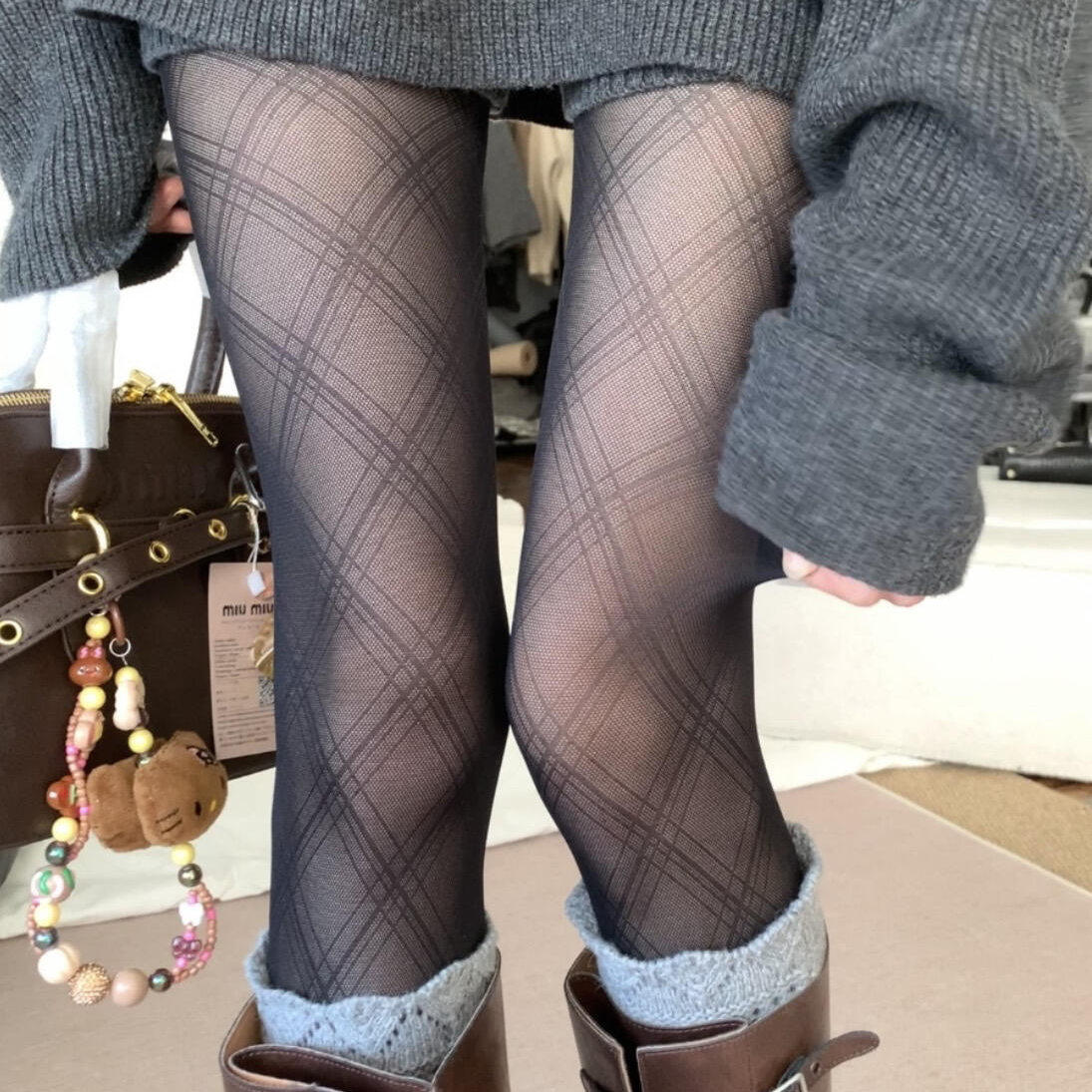 黑色菱形格丝袜性感纯欲高级感