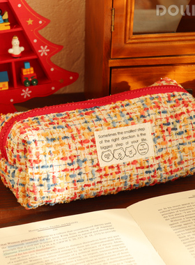 Do家 小香风编织笔袋 ins可爱少女心女孩大容量高颜值小众女生笔袋 本命年红色化妆收纳包铅笔盒文具新年礼物