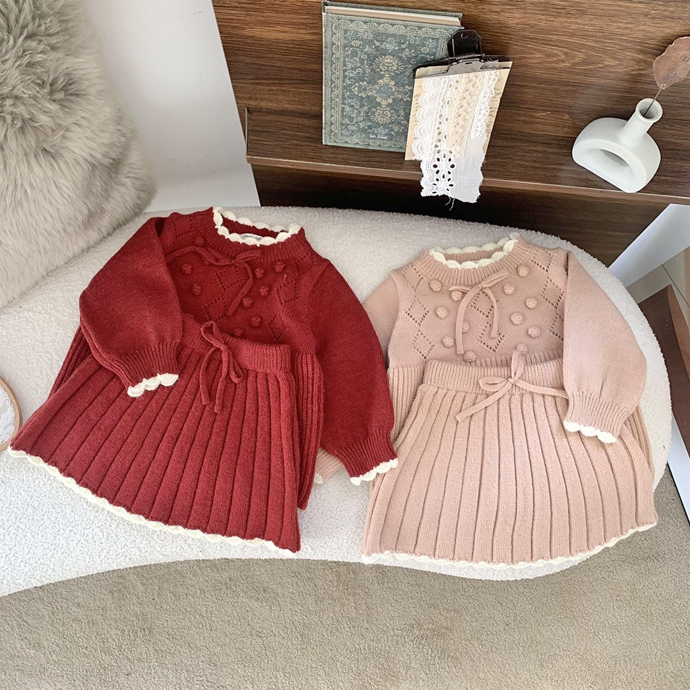 秋冬ins女婴童圣诞小香毛衣套装撞色手钩新年服上衣＋短裙2件套