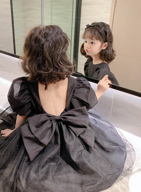 女童黑色公主裙2024夏韩版儿童泡泡袖大蝴蝶结连衣裙宝宝网纱裙子