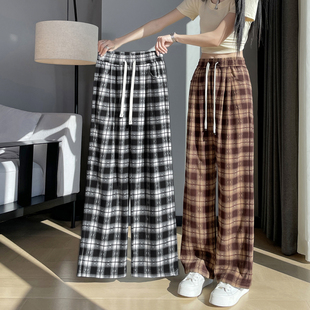 女宽松2025春季 休闲百搭长裤 薄款 大码 子 高腰垂感直筒裤 格子阔腿裤