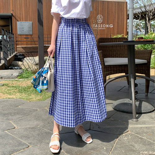 蓝白格子半身裙中长款A字长裙