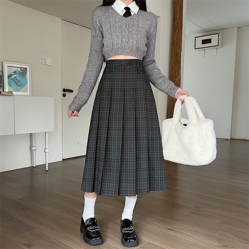 复古格子半身裙中长裙大码百褶裙