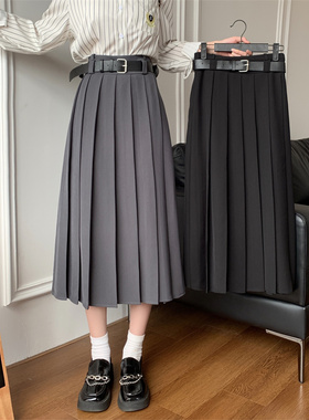 夏季女士半身裙灰色a字裙长裙jk百褶裙胖mm复古显瘦大摆中长款裙