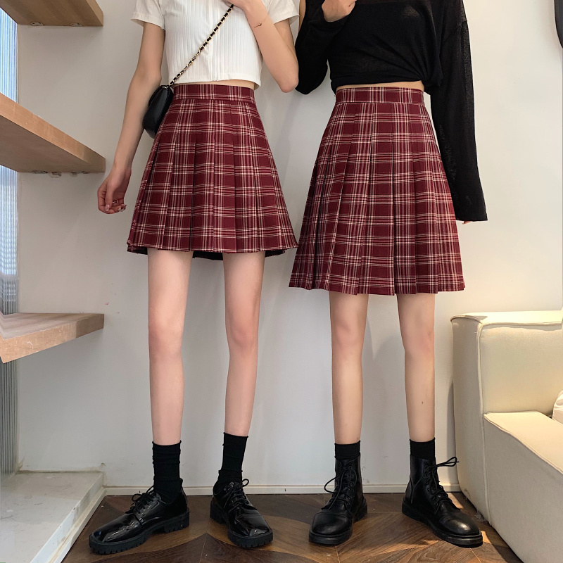 酒红格子半身裙中裙jk大码胖mm