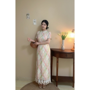 胖mm清新温柔少女感连衣裙 粉绿色格纹樱桃旗袍大码 春樱 自制款