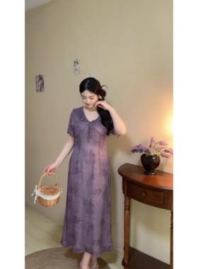 荷风【自制款】法式复古紫色优雅显白大码胖mm飘逸连衣裙高级感夏