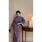 蝶紫 胖mm紫色高贵新中式 自制款 旗袍裙高级感冬季 加绒加厚大码