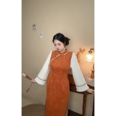 暖橘 胖mm拜年服旗袍裙显瘦女 自制款 绝美显白拼接新年橘色大码