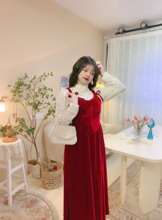 胖mm节日氛围重工吊带裙 现货闪发 微醺甜茶 复古蕾丝 自制款