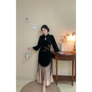 胖mm复古 黑色改良旗袍金竹刺绣流苏鱼尾裙大码 夜阑竹影 自制款