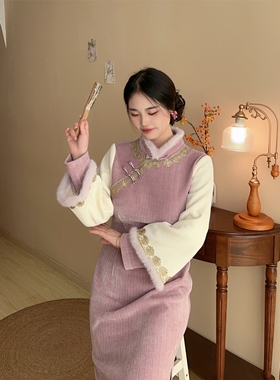 紫霞【自制款】加绒加厚粉紫色少女假两件大码胖mm旗袍裙显白显瘦