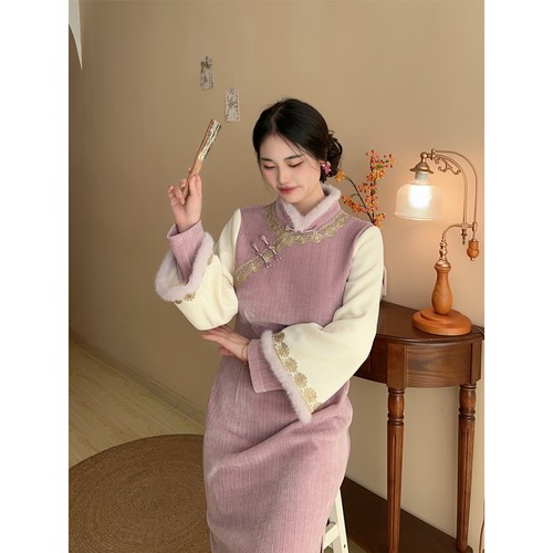 遇见大码假两件冬季加绒款旗袍