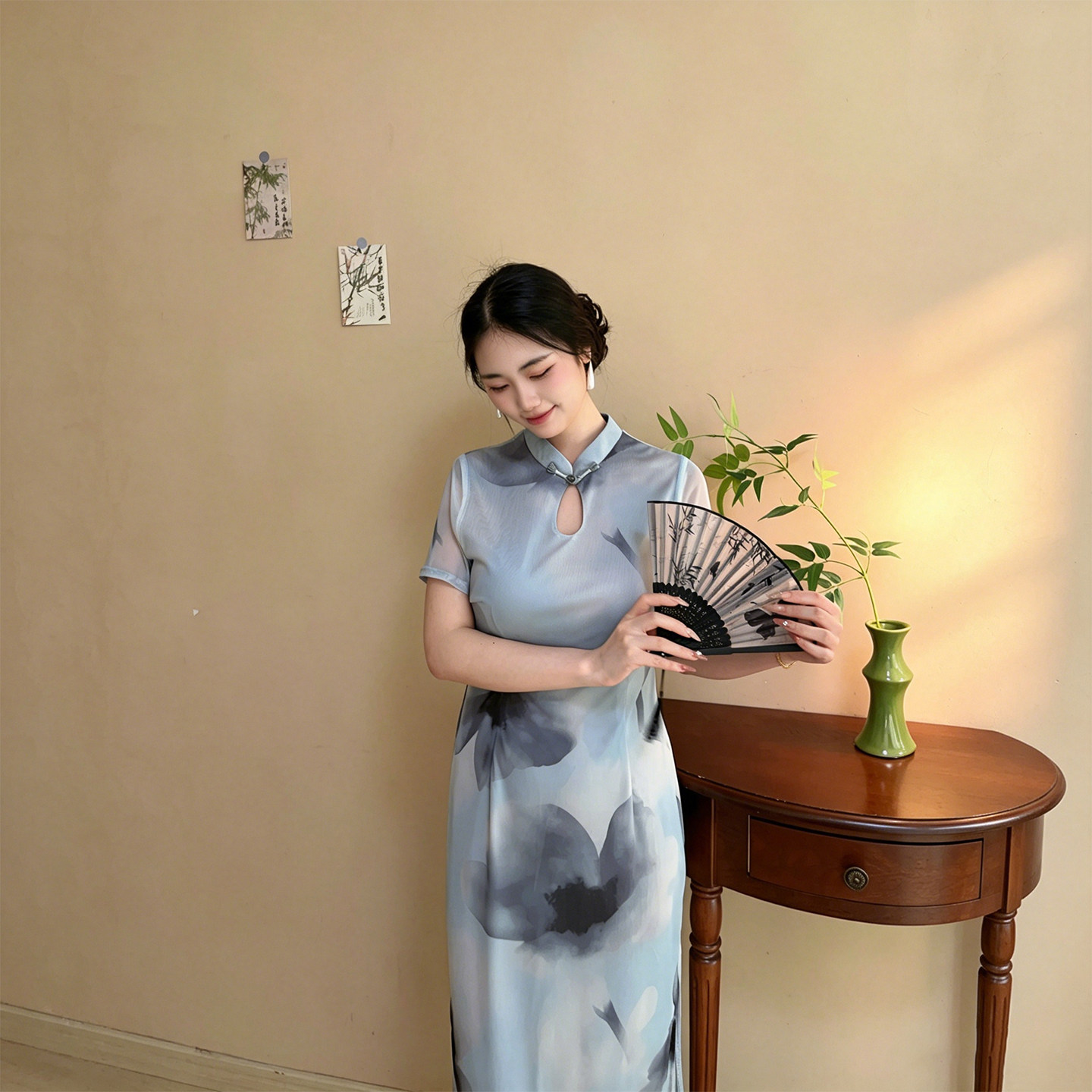 墨荷【自制款】新中式水墨弹力网雾面蓝晕染大码胖mm新中式旗袍裙