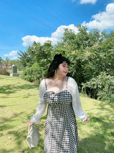 女装 胖mm遇见大码 雪纺格子200斤大码 连衣裙中长款 出短袖 韩版 啦