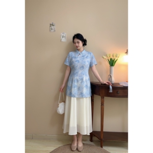 胖mm朦胧感旗袍长裙 假两件天青色水墨提花国风大码 浅黛 自制款