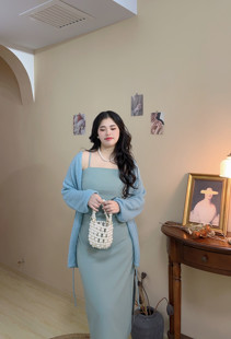 自制款 开衫 大码 吊带裙 春季 胖mm温柔风雾面蓝气质高级感修身